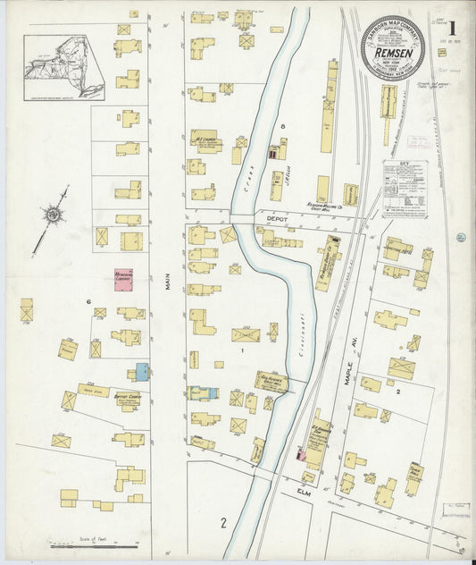 Sanborn Fire Insurance Map from Remsen, Oneida County, New York (1912), Sheet #0001 - Historic Sanborn Fire Insurance Map Print, vintage old map wall art, antique decor, genealogy gift, New York New York map