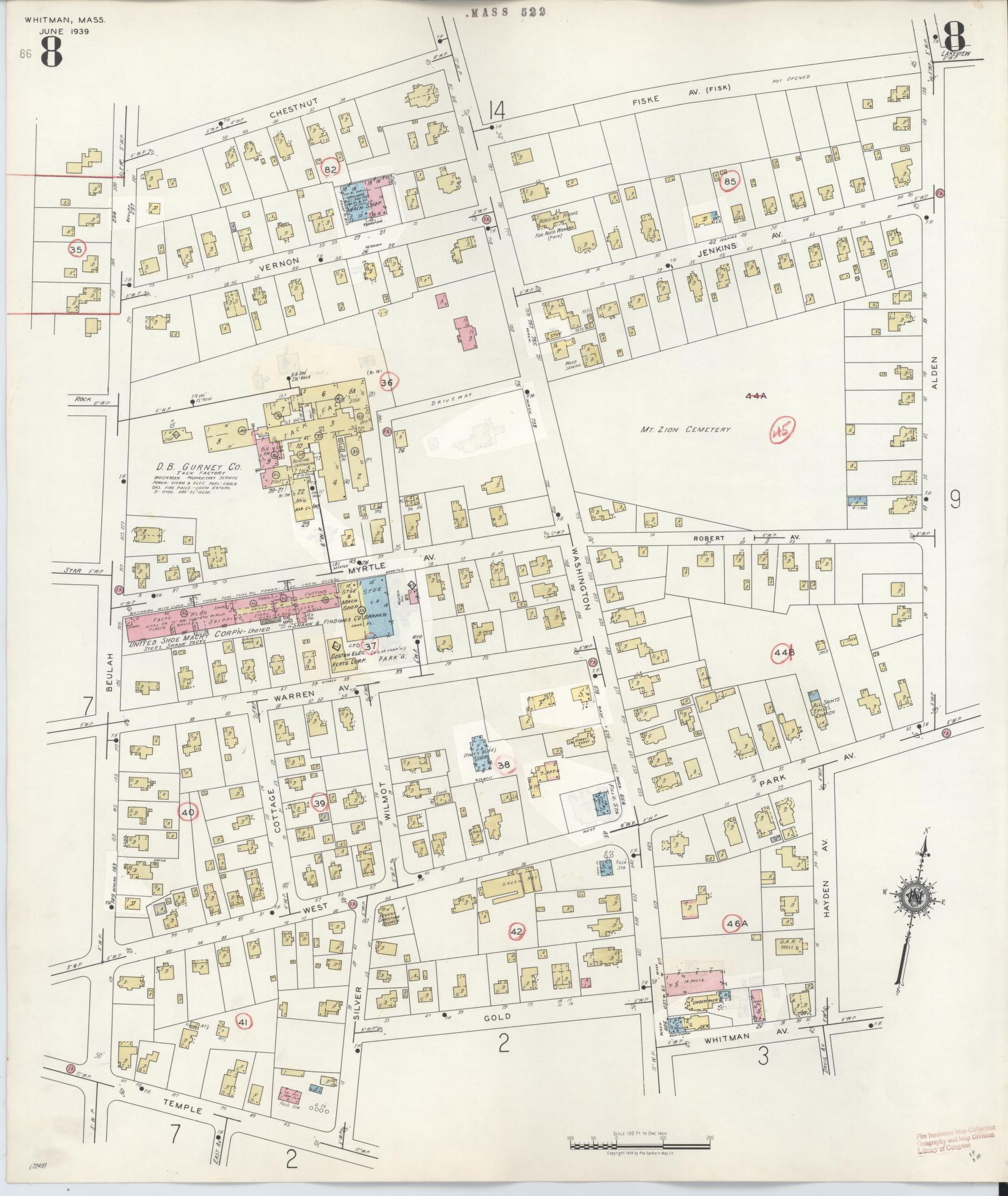 Sanborn Fire Insurance Map from Whitman, Plymouth County, Massachusetts (1950), Sheet #0008 - Historic Sanborn Fire Insurance Map Print, vintage old map wall art, antique decor, genealogy gift, Massachusetts Massachusetts map