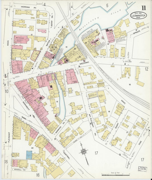 Sanborn Fire Insurance Map from Leominster, Worcester County, Massachusetts (1912), Sheet #0011 - Historic Sanborn Fire Insurance Map Print, vintage old map wall art, antique decor, genealogy gift, Massachusetts Massachusetts map