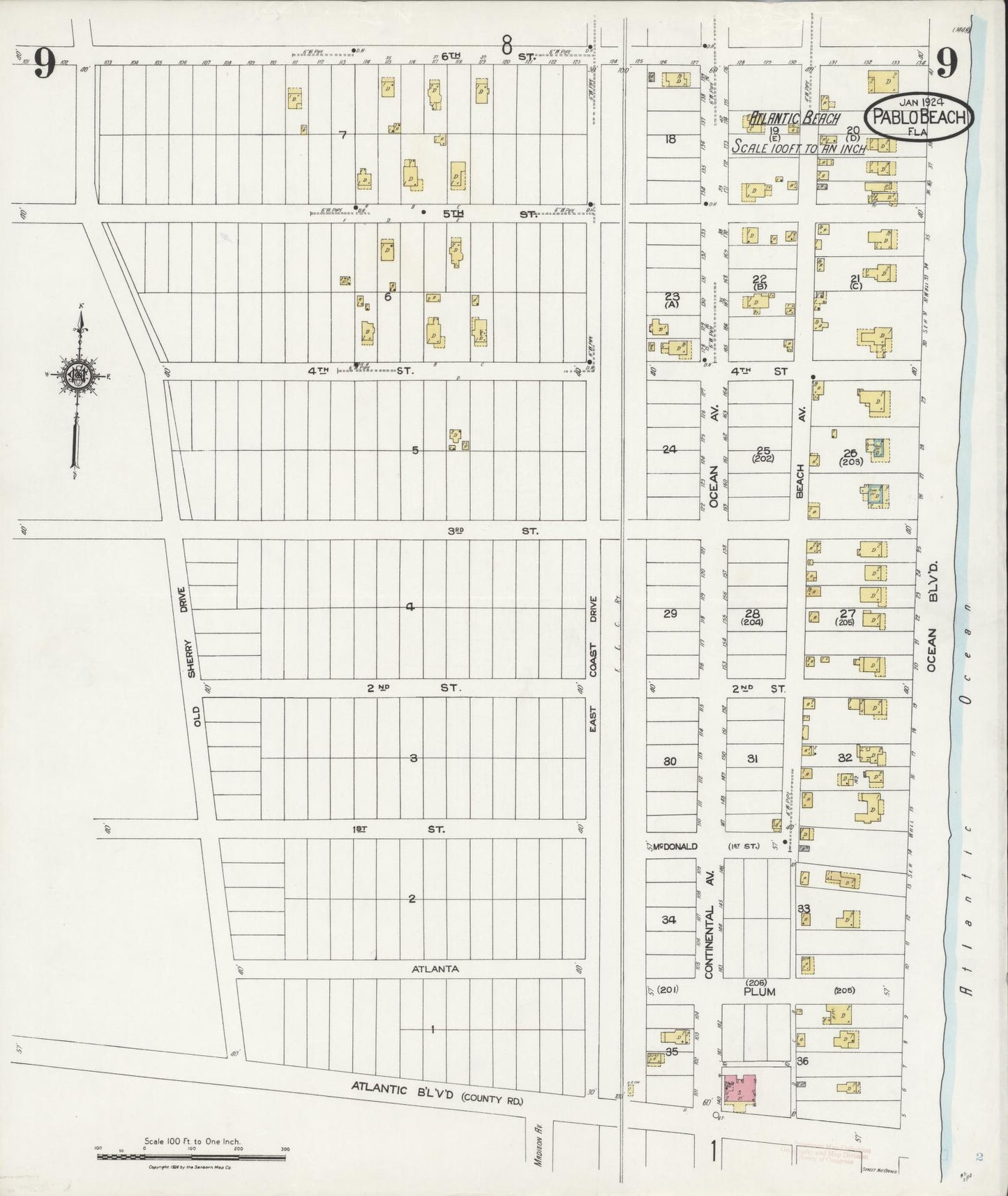 Sanborn Fire Insurance Map from Pablo Beach, Duval County, Florida (1924), Sheet #0009 - Complete Map Set gallery image, historic Sanborn map, vintage wall art, Florida Florida