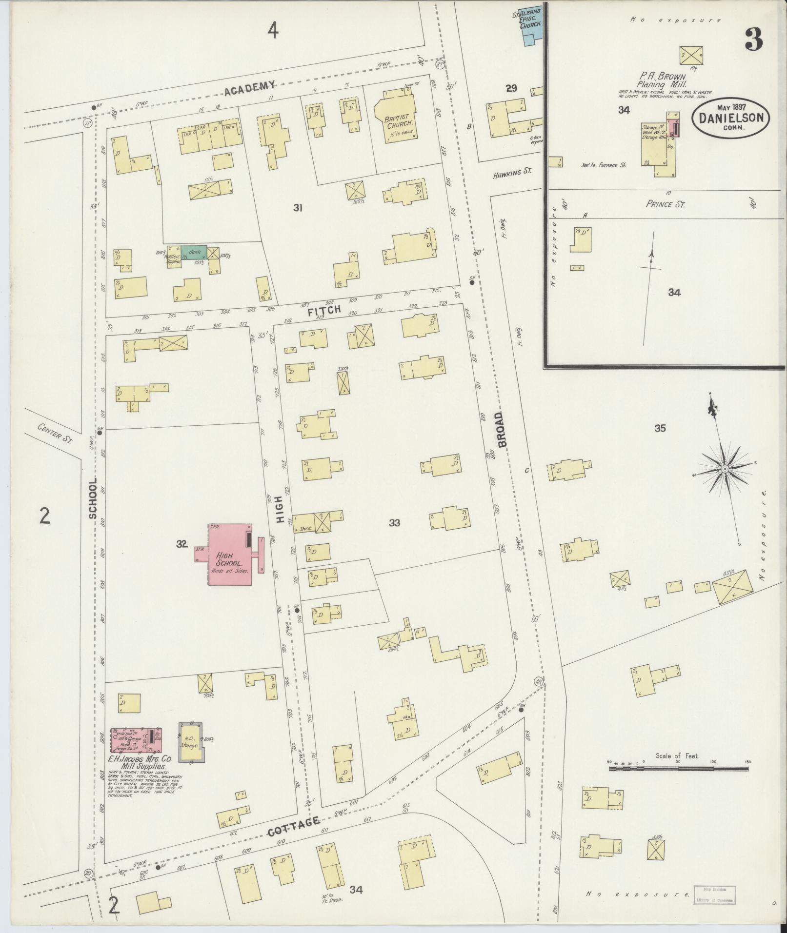 Sanborn Fire Insurance Map from Danielson, Windham County, Connecticut (1897), Sheet #0003 - Historic Sanborn Fire Insurance Map Print, vintage old map wall art, antique decor, genealogy gift, Connecticut Connecticut map
