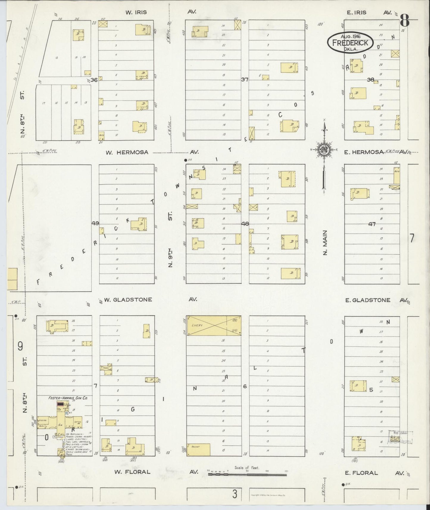 Sanborn Fire Insurance Map from Frederick, Tillman County, Oklahoma (1916), Sheet #0008 - Historic Sanborn Fire Insurance Map Print, vintage old map wall art, antique decor, genealogy gift, Oklahoma Oklahoma map
