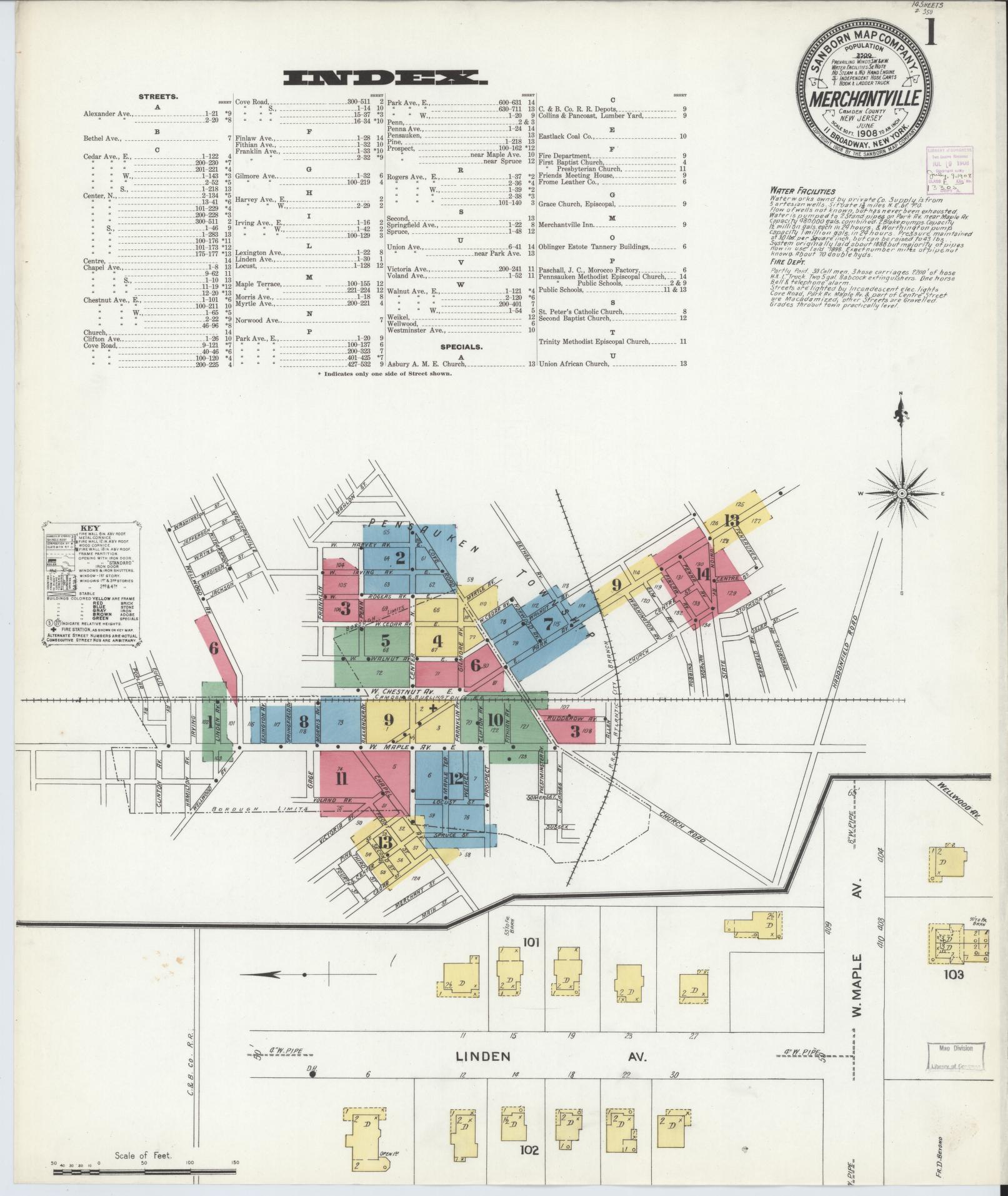 Sanborn Fire Insurance Map from Merchantville, Camden County, New Jersey. (1908) – Historic Sanborn Fire Insurance Map Print