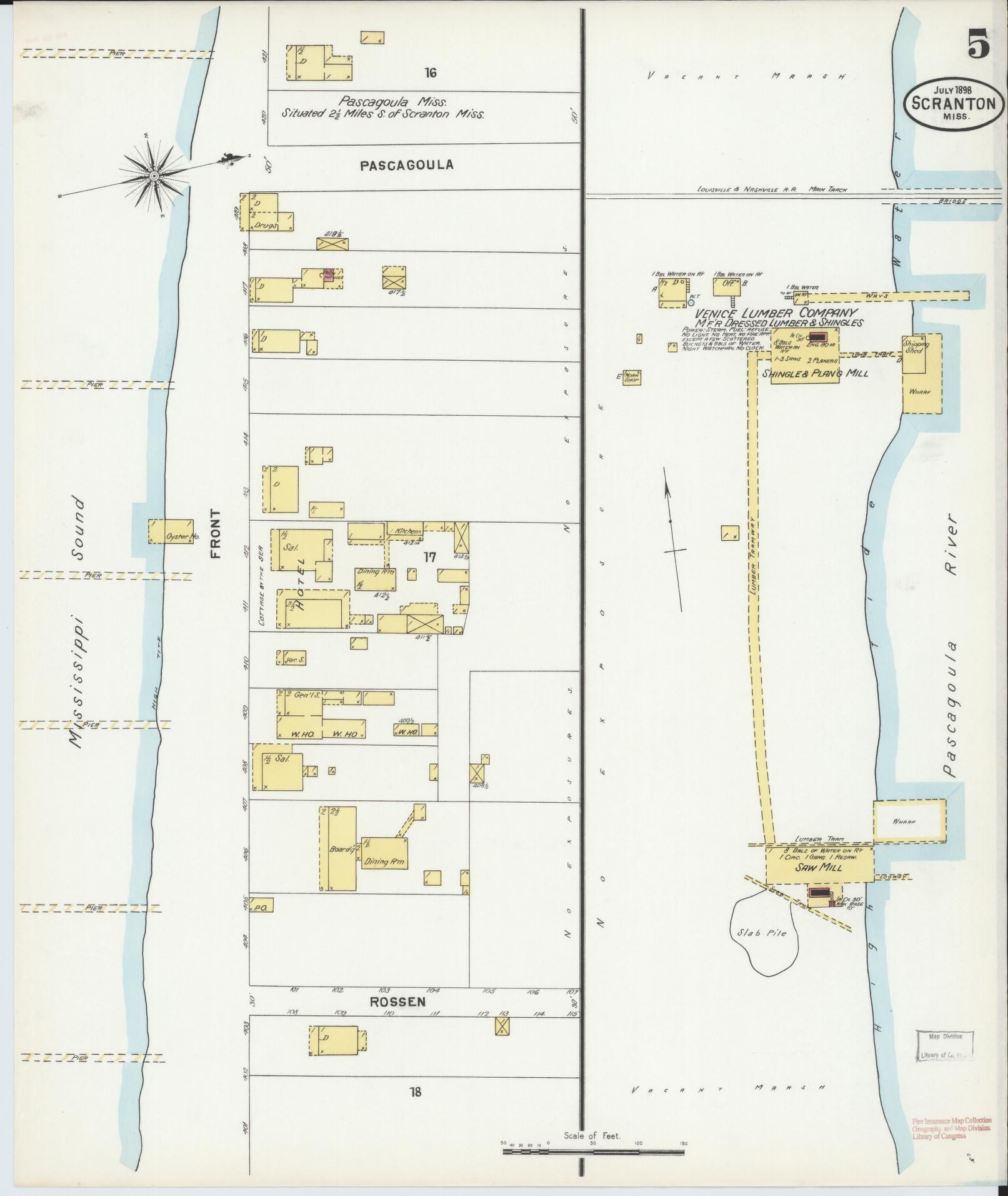 Sanborn Fire Insurance Map from Scranton, Jackson County, Mississippi (1898), Sheet #0005 - Historic Sanborn Fire Insurance Map Print, vintage old map wall art, antique decor, genealogy gift, Mississippi Mississippi map