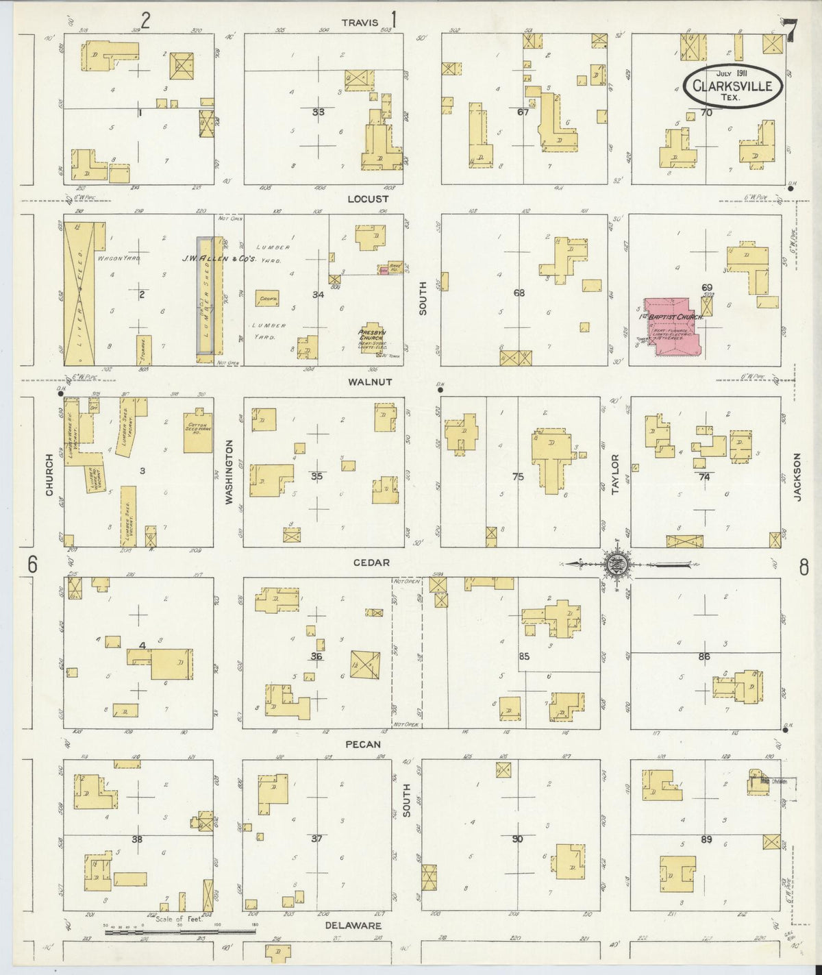 Sanborn Fire Insurance Map from Clarksville, Red River County, Texas (1911), Sheet #0007 - Complete Map Set gallery image, historic Sanborn map, vintage wall art, Texas Texas