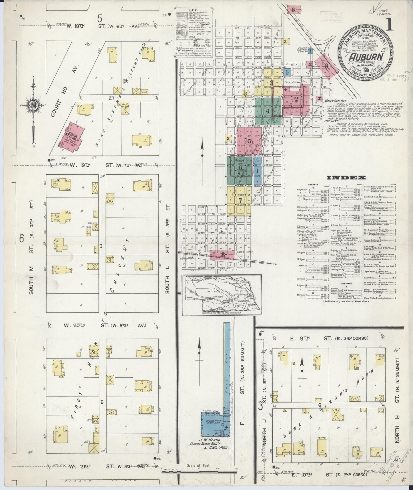 Sanborn Fire Insurance Map from Auburn, Nemaha County, Nebraska (1913), Sheet #0001 - Complete Map Set gallery image, historic Sanborn map, vintage wall art, Nebraska Nebraska