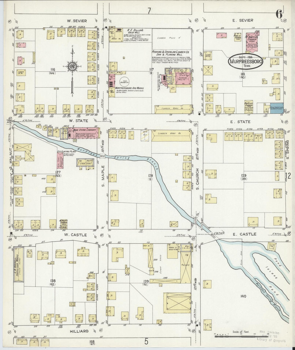 Sanborn Fire Insurance Map from Murfreesboro, Rutherford County, Tennessee (1914), Sheet #0006 - Historic Sanborn Fire Insurance Map Print, vintage old map wall art, antique decor, genealogy gift, Tennessee Tennessee map