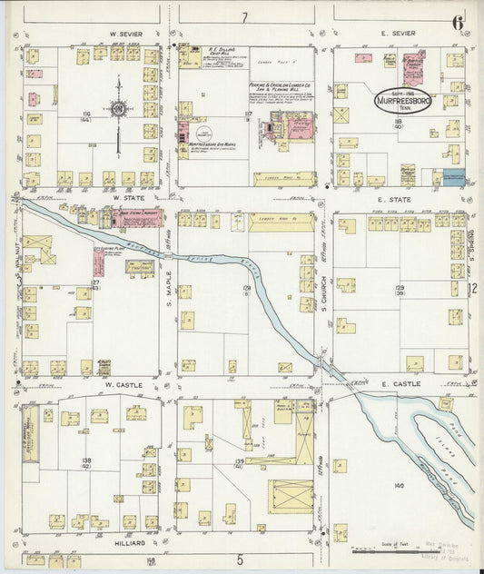 Sanborn Fire Insurance Map from Murfreesboro, Rutherford County, Tennessee (1914), Sheet #0006 - Historic Sanborn Fire Insurance Map Print, vintage old map wall art, antique decor, genealogy gift, Tennessee Tennessee map