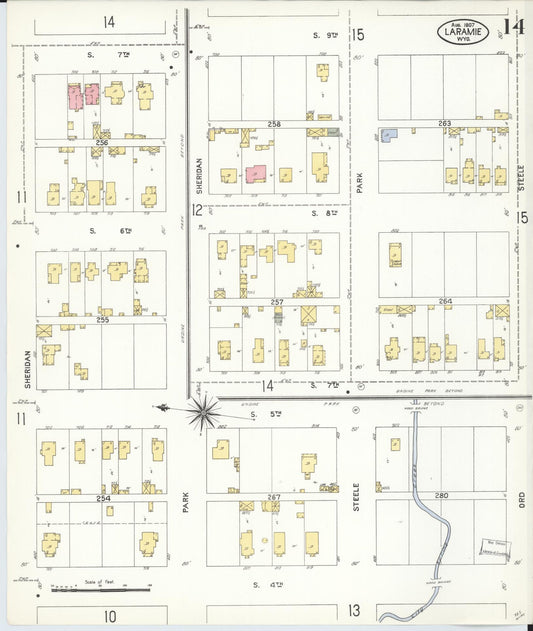 Sanborn Fire Insurance Map from Laramie, Albany County, Wyoming (1907), Sheet #0014 - Historic Sanborn Fire Insurance Map Print, vintage old map wall art, antique decor, genealogy gift, Wyoming Wyoming map