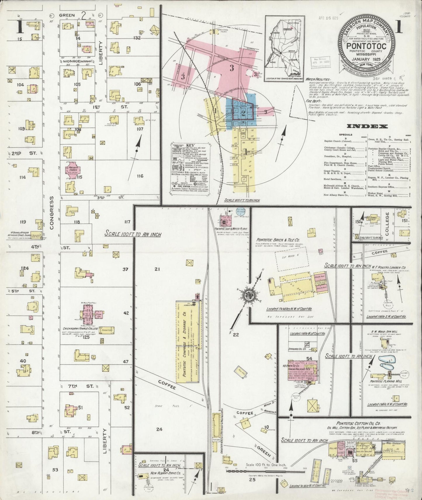 Sanborn Fire Insurance Map from Pontotoc, Pontotoc County, Mississippi (1925), Sheet #0001 - Historic Sanborn Fire Insurance Map Print, vintage old map wall art, antique decor, genealogy gift, Mississippi Mississippi map