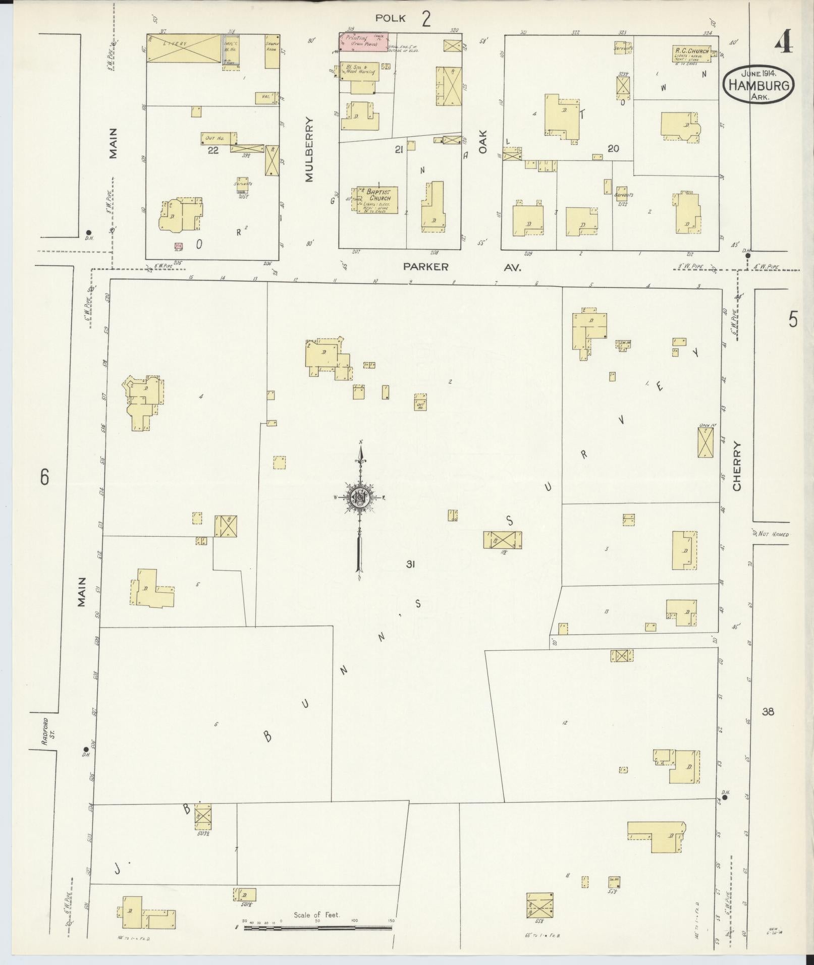 Sanborn Fire Insurance Map from Hamburg, Ashley County, Arkansas (1914), Sheet #0004 - Historic Sanborn Fire Insurance Map Print, vintage old map wall art, antique decor, genealogy gift, Arkansas Arkansas map