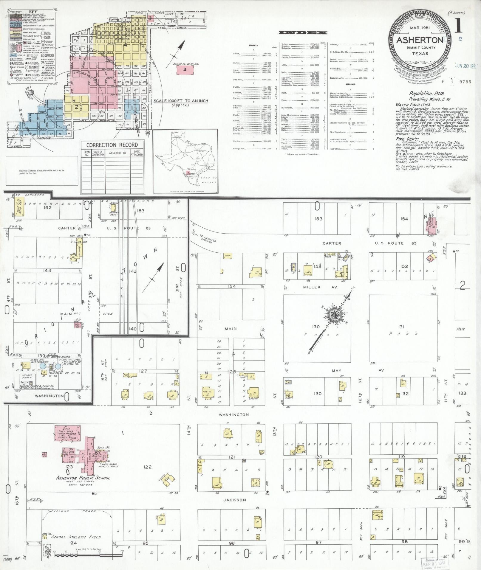 Sanborn Fire Insurance Map from Asherton, Dimmit County, Texas (1951), Sheet #0001 - Historic Sanborn Fire Insurance Map Print, vintage old map wall art, antique decor, genealogy gift, Texas Texas map