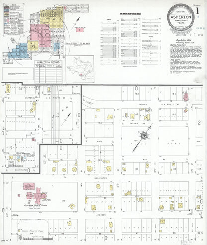 Sanborn Fire Insurance Map from Asherton, Dimmit County, Texas (1951), Sheet #0001 - Historic Sanborn Fire Insurance Map Print, vintage old map wall art, antique decor, genealogy gift, Texas Texas map