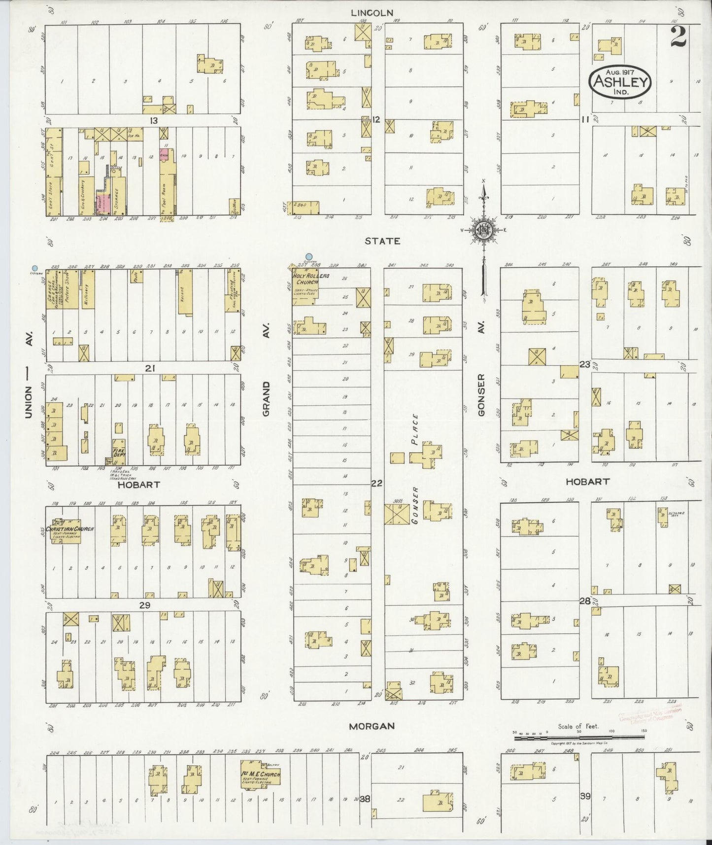Sanborn Fire Insurance Map from Ashley, Steuben County, Indiana (1917), Sheet #0002 - Complete Map Set gallery image, historic Sanborn map, vintage wall art, Indiana Indiana