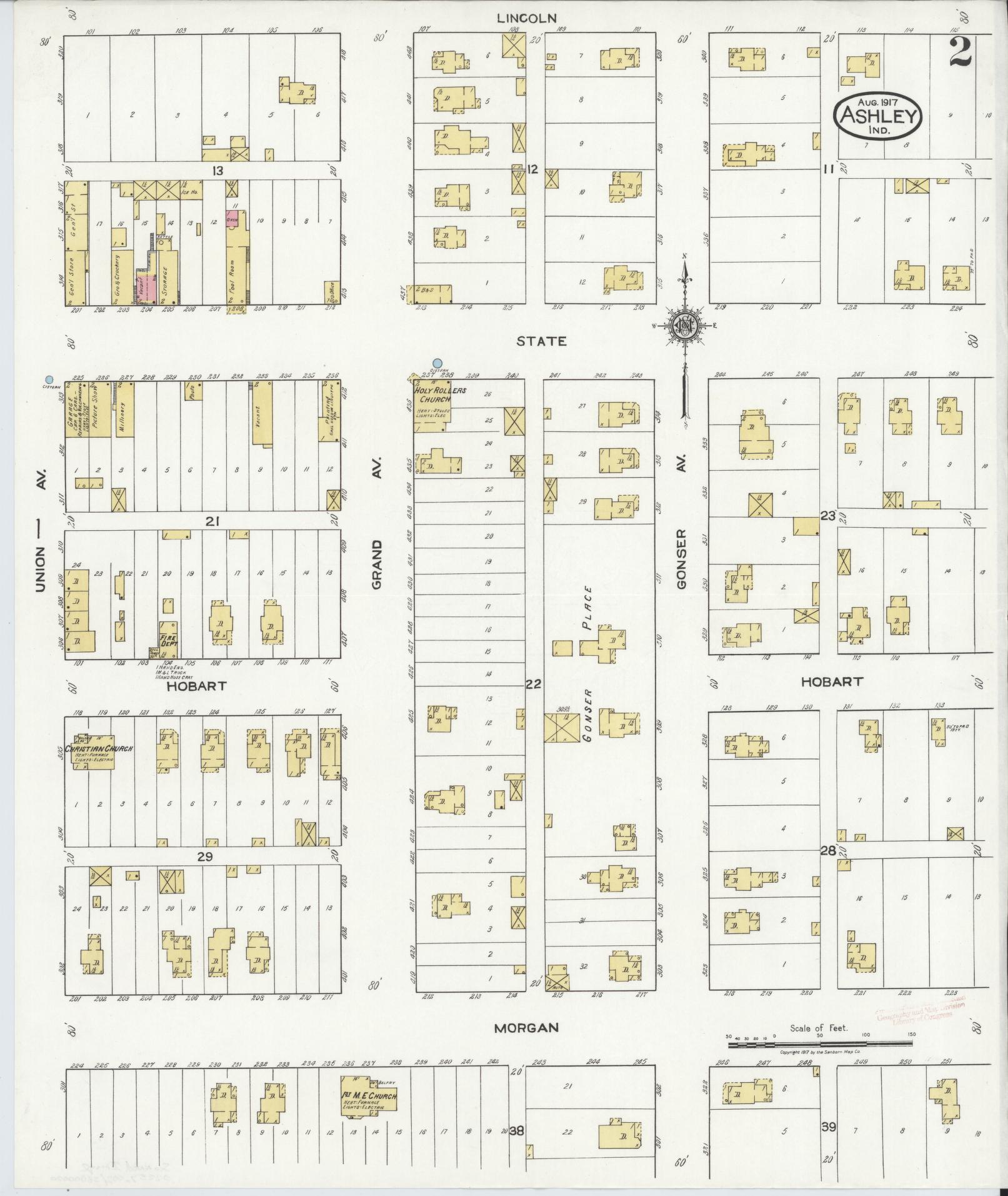 Sanborn Fire Insurance Map from Ashley, Steuben County, Indiana (1917), Sheet #0002 - Complete Map Set gallery image, historic Sanborn map, vintage wall art, Indiana Indiana