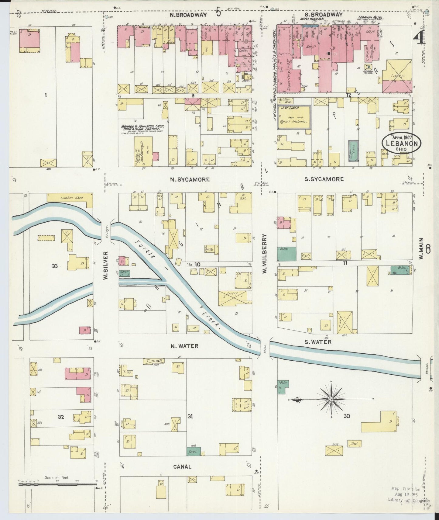 Sanborn Fire Insurance Map from Lebanon, Warren County, Ohio (1907), Sheet #0004 - Historic Sanborn Fire Insurance Map Print, vintage old map wall art, antique decor, genealogy gift, Ohio Ohio map