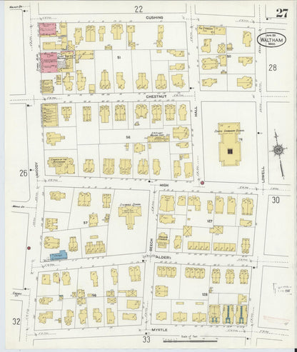 Sanborn Fire Insurance Map from Waltham, Middlesex County, Massachusetts (1911), Sheet #0027 - Historic Sanborn Fire Insurance Map Print, vintage old map wall art, antique decor, genealogy gift, Massachusetts Massachusetts map