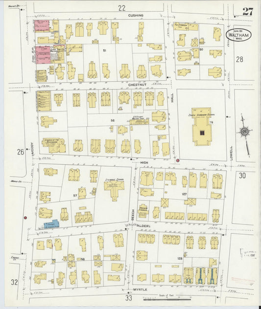 Sanborn Fire Insurance Map from Waltham, Middlesex County, Massachusetts (1911), Sheet #0027 - Historic Sanborn Fire Insurance Map Print, vintage old map wall art, antique decor, genealogy gift, Massachusetts Massachusetts map