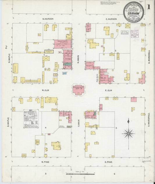 Sanborn Fire Insurance Map from Graham, Alamance County, North Carolina (1904), Sheet #0001 - Complete Map Set gallery image, historic Sanborn map, vintage wall art, North Carolina North Carolina