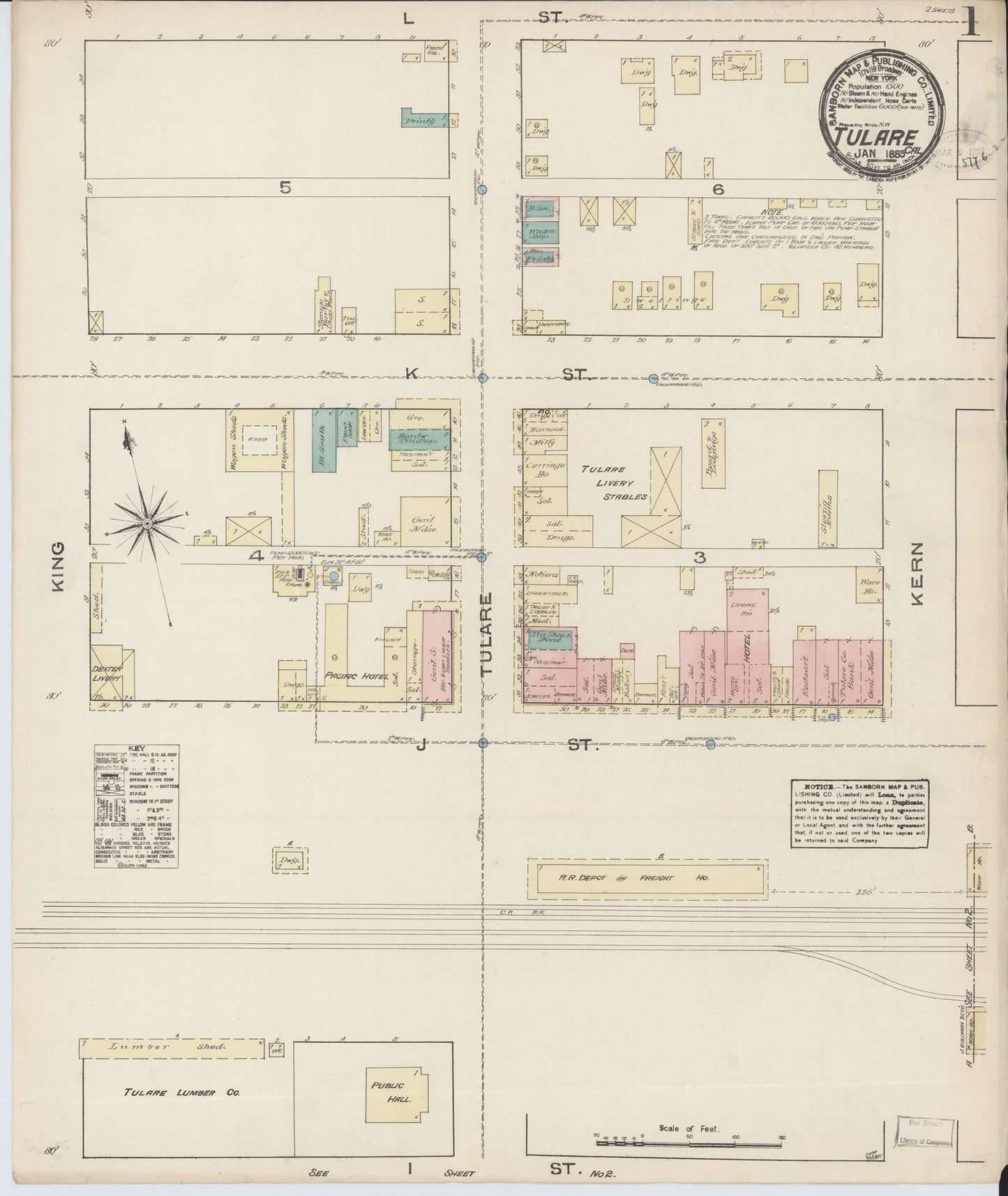 Sanborn Fire Insurance Map from Tulare, Tulare County, California (1885), Sheet #0001 - Complete Map Set gallery image, historic Sanborn map, vintage wall art, California California