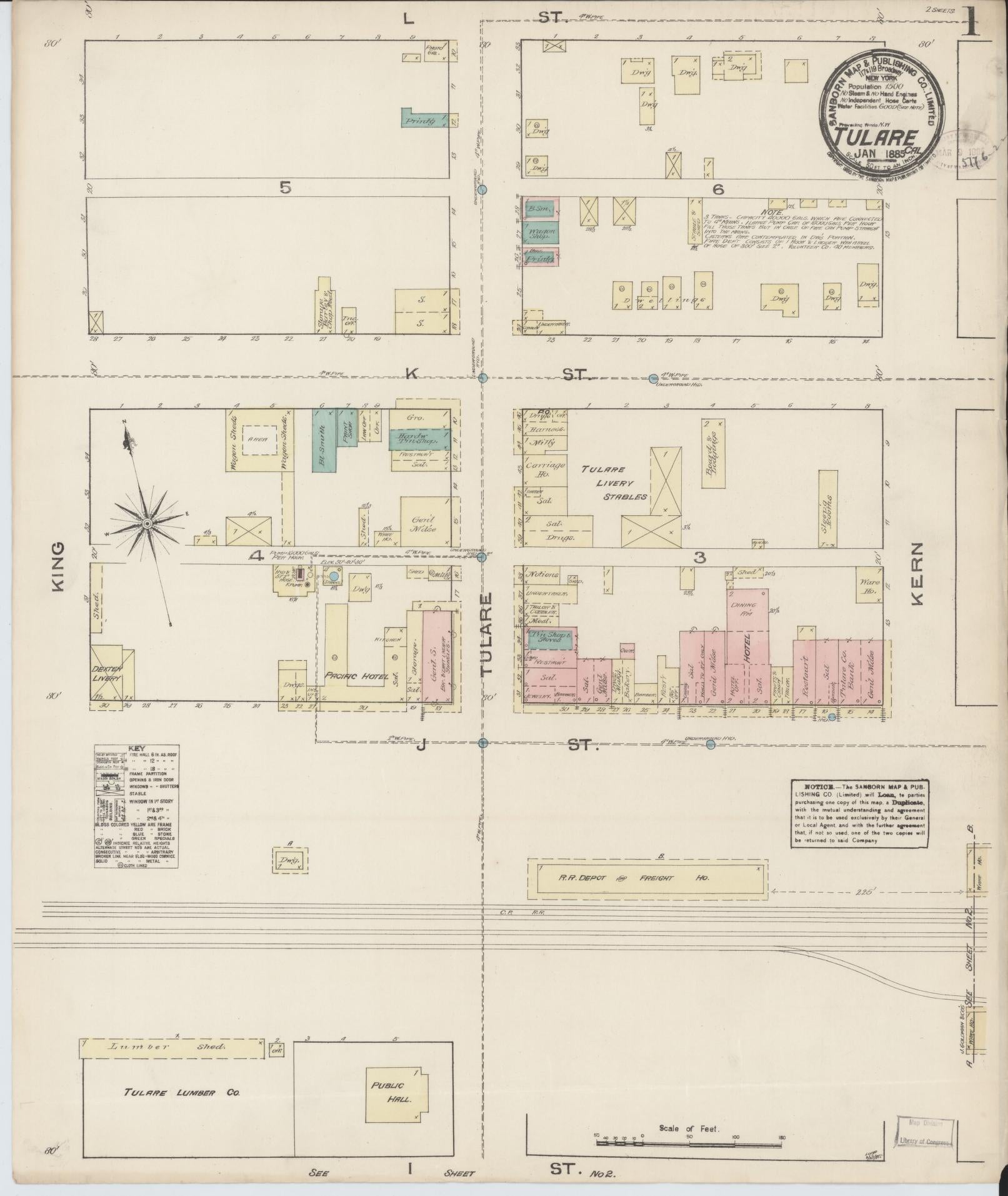 Sanborn Fire Insurance Map from Tulare, Tulare County, California (1885), Sheet #0001 - Complete Map Set gallery image, historic Sanborn map, vintage wall art, California California