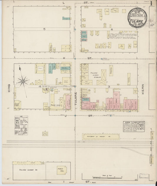 Sanborn Fire Insurance Map from Tulare, Tulare County, California (1885), Sheet #0001 - Complete Map Set gallery image, historic Sanborn map, vintage wall art, California California