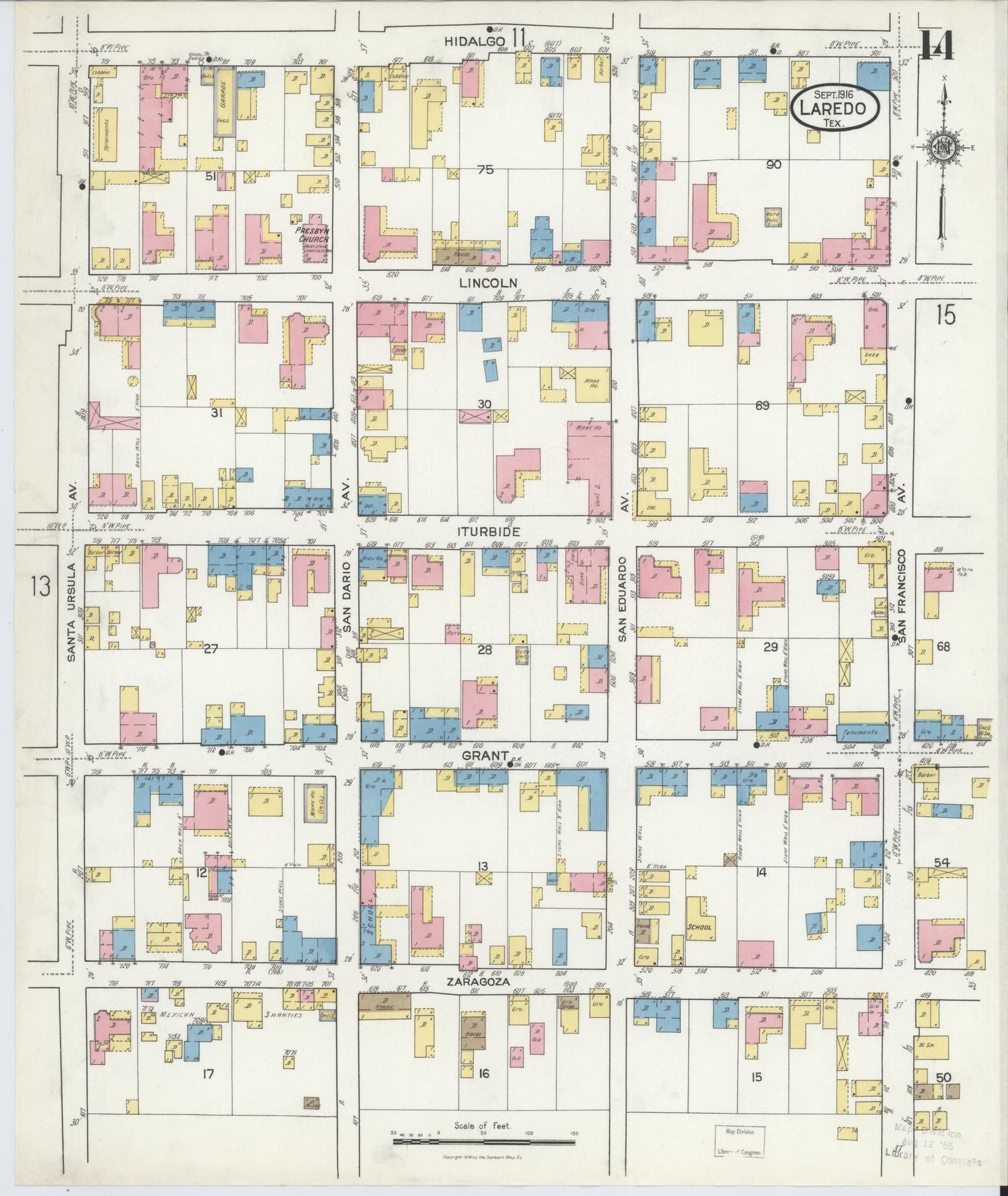 Sanborn Fire Insurance Map from Laredo, Webb County, Texas (1916), Sheet #0014 - Historic Sanborn Fire Insurance Map Print, vintage old map wall art, antique decor, genealogy gift, Texas Texas map