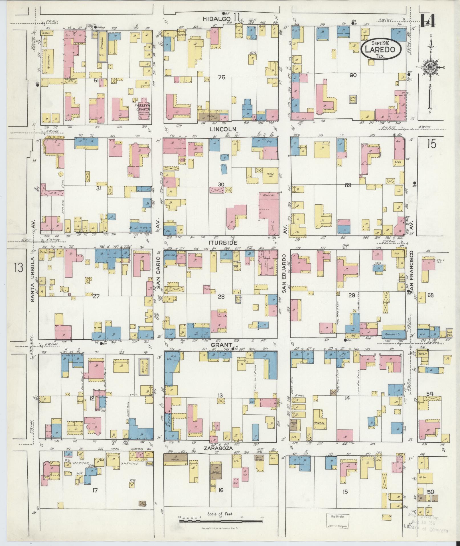 Sanborn Fire Insurance Map from Laredo, Webb County, Texas (1916), Sheet #0014 - Historic Sanborn Fire Insurance Map Print, vintage old map wall art, antique decor, genealogy gift, Texas Texas map
