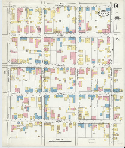 Sanborn Fire Insurance Map from Laredo, Webb County, Texas (1916), Sheet #0014 - Historic Sanborn Fire Insurance Map Print, vintage old map wall art, antique decor, genealogy gift, Texas Texas map