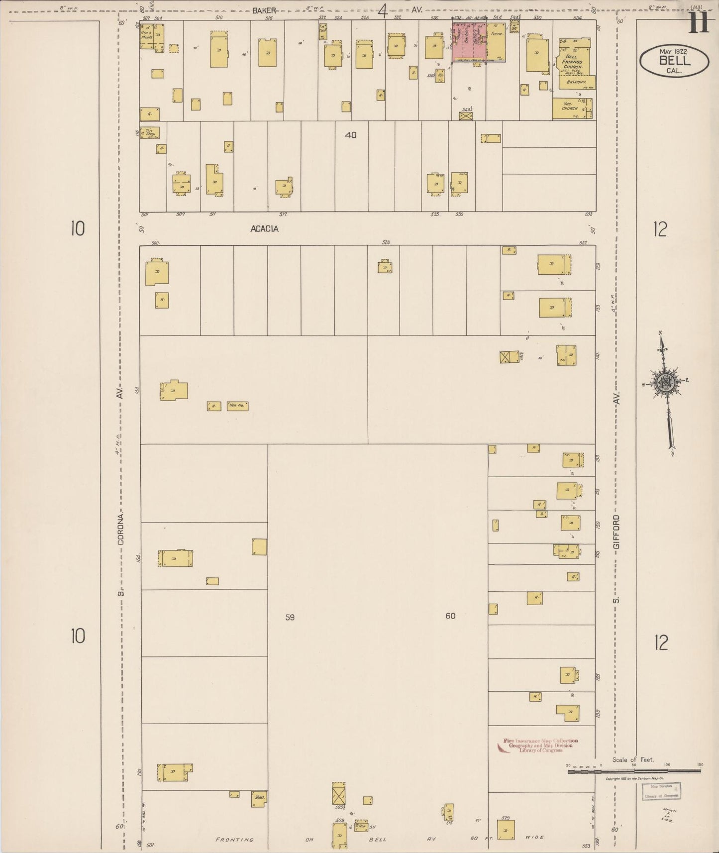 Sanborn Fire Insurance Map from Bell, Los Angeles County, California (1922), Sheet #0011 - Historic Sanborn Fire Insurance Map Print, vintage old map wall art, antique decor, genealogy gift, California California map
