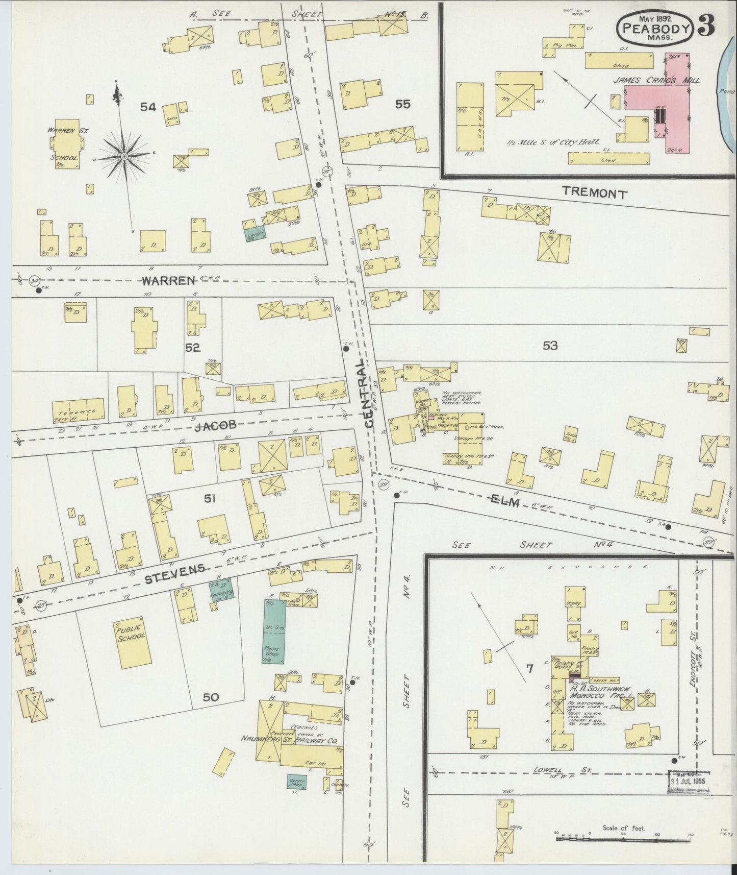 Sanborn Fire Insurance Map from Peabody, Essex County, Massachusetts (1892), Sheet #0003 - Complete Map Set gallery image, historic Sanborn map, vintage wall art, Massachusetts Massachusetts