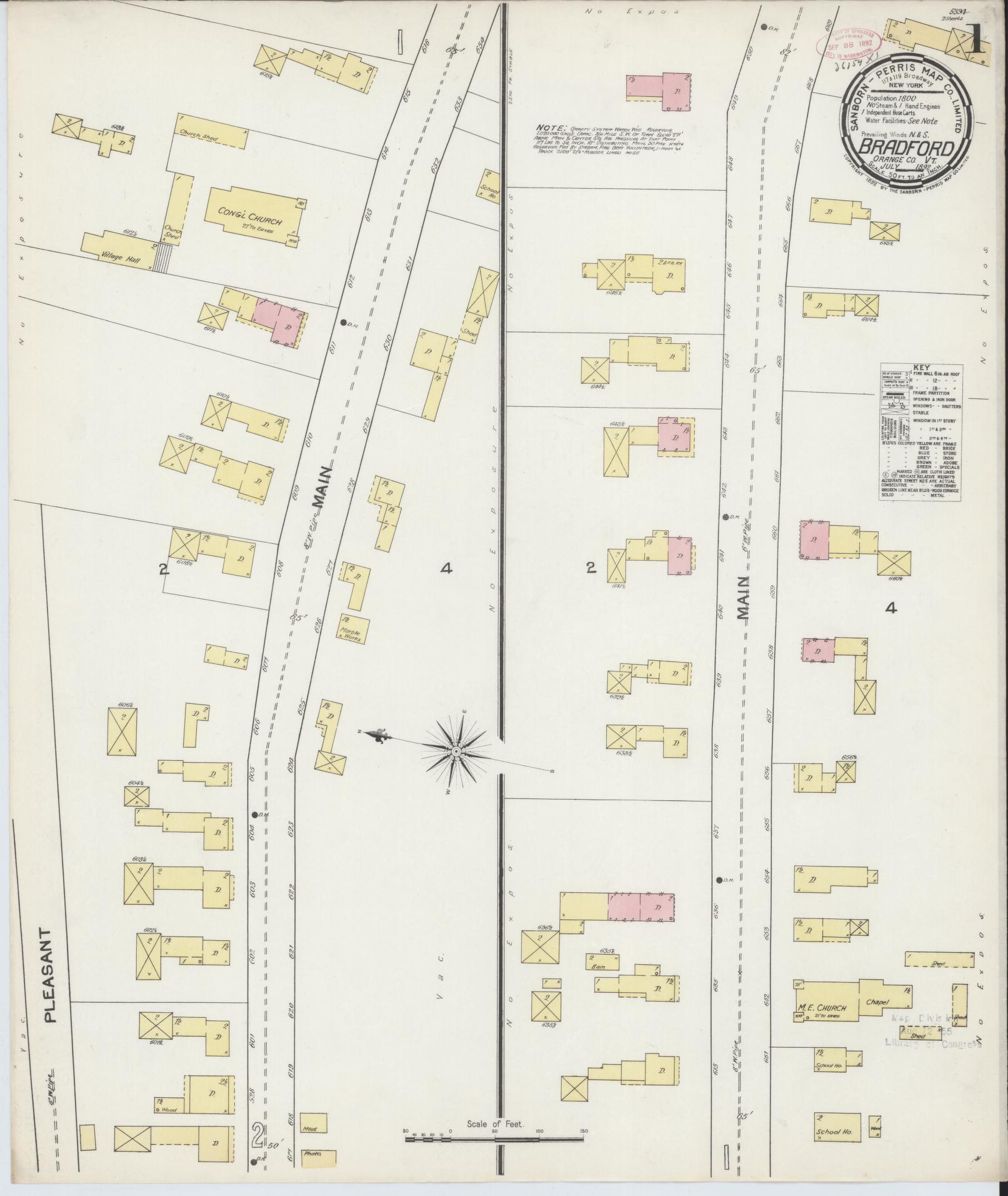 Sanborn Fire Insurance Map from Bradford, Orange County, Vermont (1892), Sheet #0001 - Historic Sanborn Fire Insurance Map Print, vintage old map wall art, antique decor, genealogy gift, Vermont Vermont map