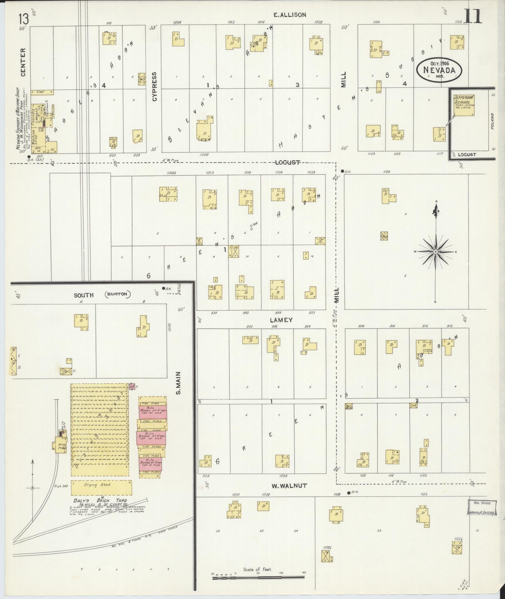 Sanborn Fire Insurance Map from Nevada, Vernon County, Missouri (1906), Sheet #0011 - Historic Sanborn Fire Insurance Map Print, vintage old map wall art, antique decor, genealogy gift, Missouri Missouri map