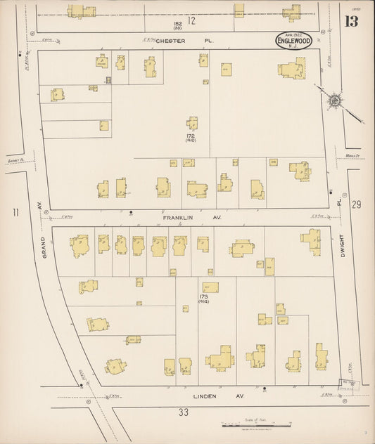 Sanborn Fire Insurance Map from Englewood, Bergen County, New Jersey (1922), Sheet #0013 - Historic Sanborn Fire Insurance Map Print, vintage old map wall art, antique decor, genealogy gift, New Jersey New Jersey map