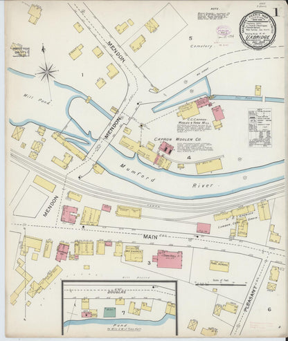 Sanborn Fire Insurance Map from Uxbridge, Worcester County, Massachusetts (1893), Sheet #0001 - Complete Map Set gallery image, historic Sanborn map, vintage wall art, Massachusetts Massachusetts