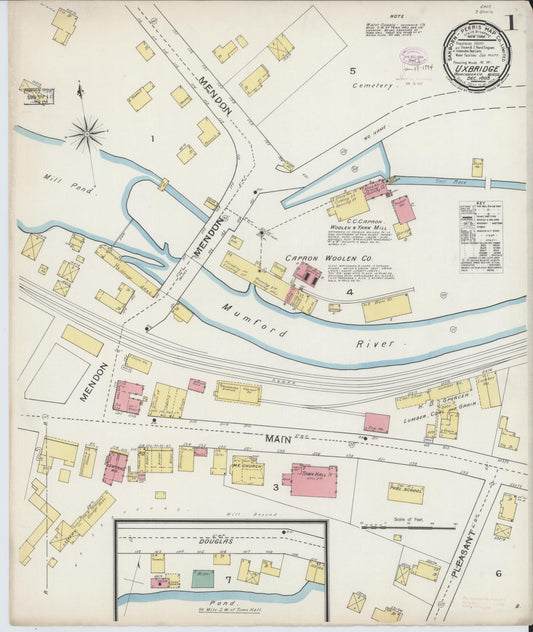 Sanborn Fire Insurance Map from Uxbridge, Worcester County, Massachusetts (1893), Sheet #0001 - Complete Map Set gallery image, historic Sanborn map, vintage wall art, Massachusetts Massachusetts