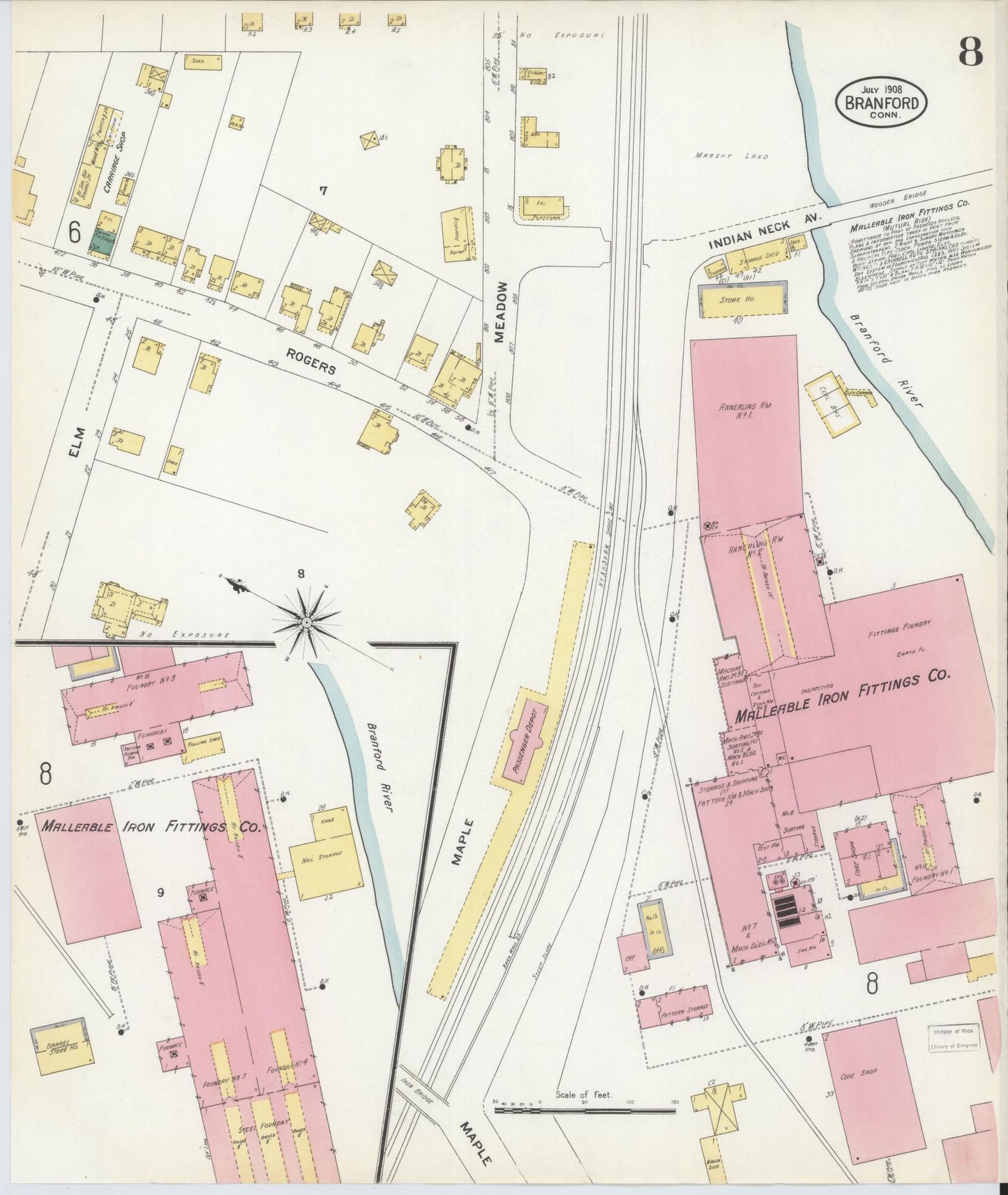 Sanborn Fire Insurance Map from Branford, New Haven County, Connecticut (1908), Sheet #0008 - Complete Map Set gallery image, historic Sanborn map, vintage wall art, Connecticut Connecticut