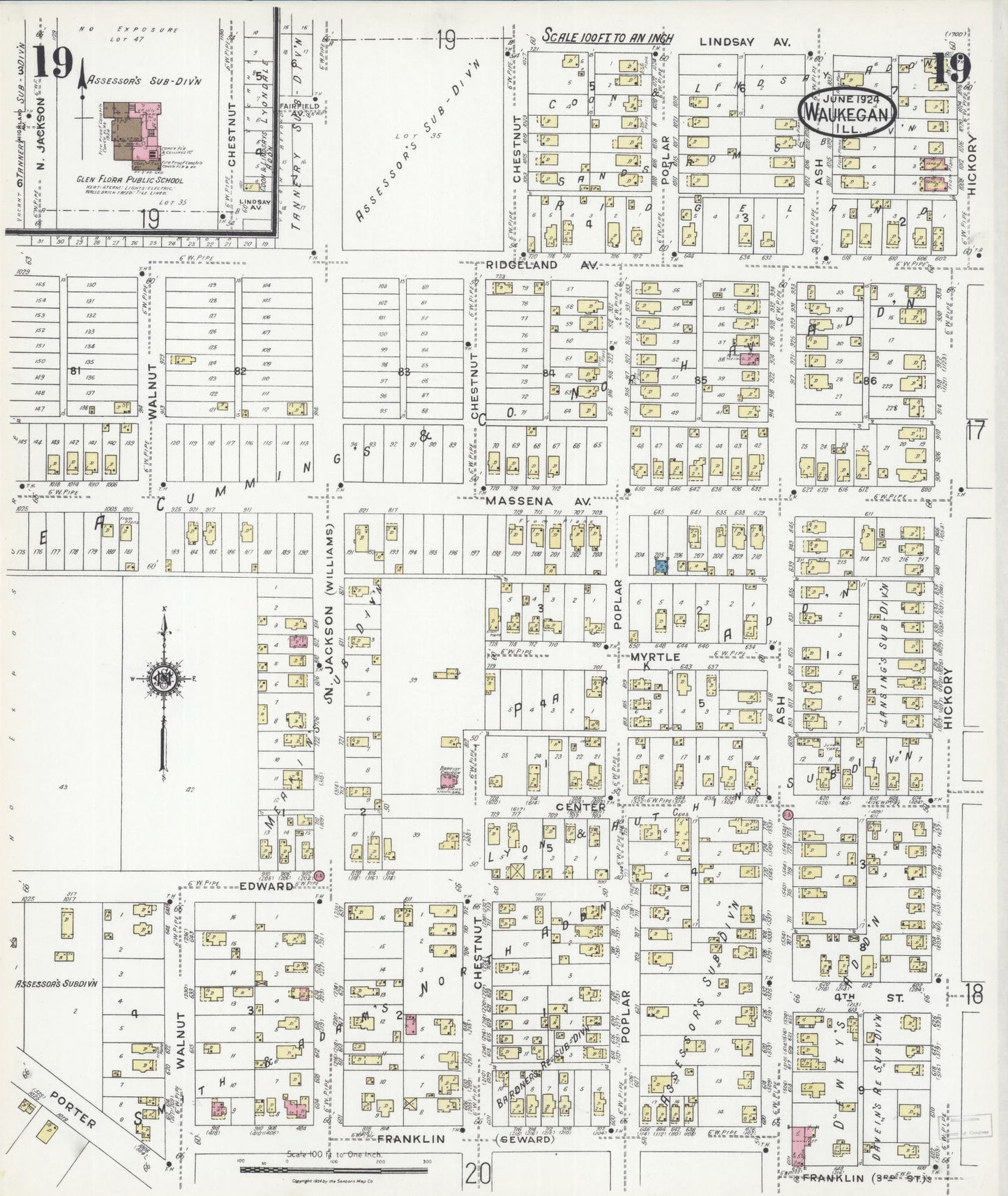 Sanborn Fire Insurance Map from Waukegan, Lake County, Illinois (1924), Sheet #0019 - Historic Sanborn Fire Insurance Map Print, vintage old map wall art, antique decor, genealogy gift, Illinois Illinois map