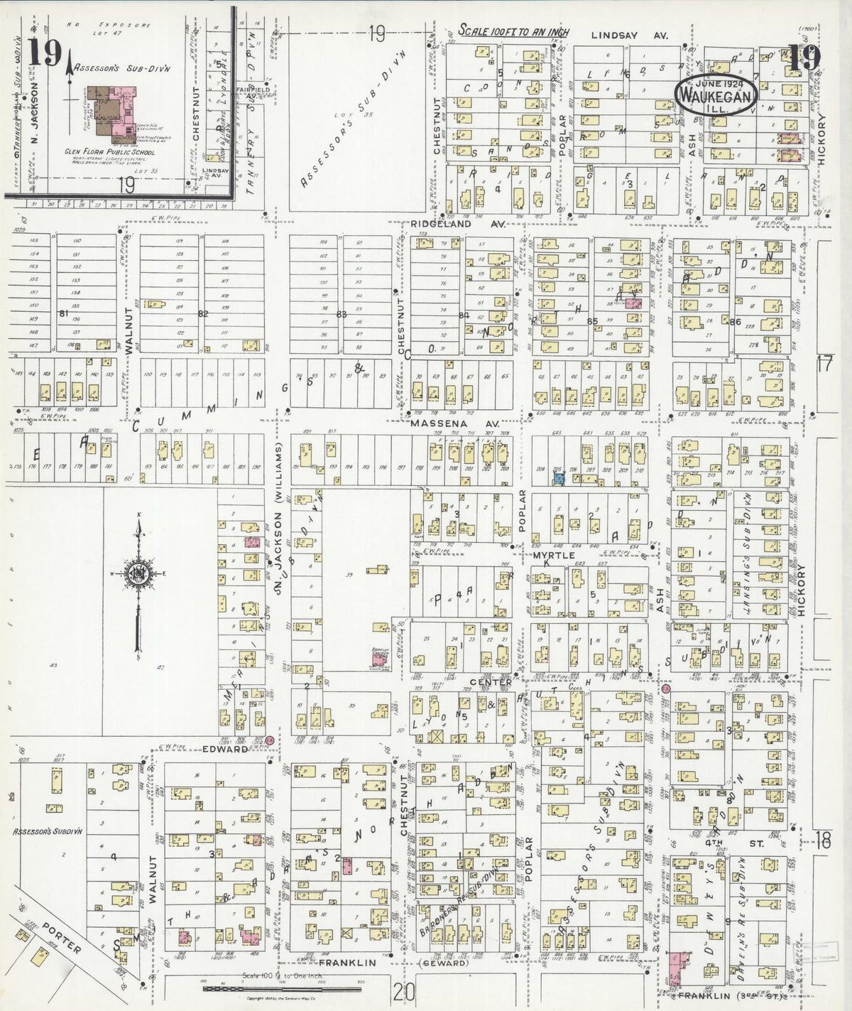 Sanborn Fire Insurance Map from Waukegan, Lake County, Illinois (1924), Sheet #0019 - Historic Sanborn Fire Insurance Map Print, vintage old map wall art, antique decor, genealogy gift, Illinois Illinois map