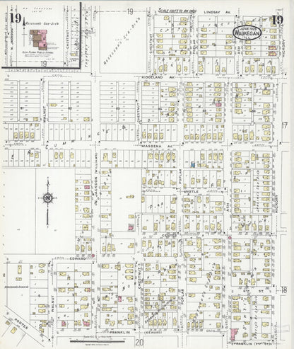 Sanborn Fire Insurance Map from Waukegan, Lake County, Illinois (1924), Sheet #0019 - Historic Sanborn Fire Insurance Map Print, vintage old map wall art, antique decor, genealogy gift, Illinois Illinois map