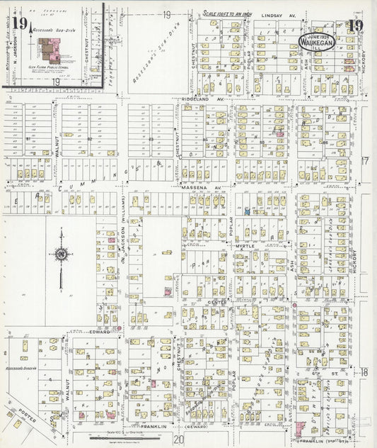 Sanborn Fire Insurance Map from Waukegan, Lake County, Illinois (1924), Sheet #0019 - Historic Sanborn Fire Insurance Map Print, vintage old map wall art, antique decor, genealogy gift, Illinois Illinois map