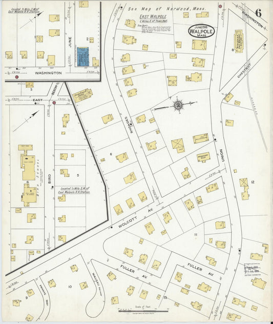 Sanborn Fire Insurance Map from Walpole, Norfolk County, Massachusetts (1918), Sheet #0006 - Historic Sanborn Fire Insurance Map Print, vintage old map wall art, antique decor, genealogy gift, Massachusetts Massachusetts map
