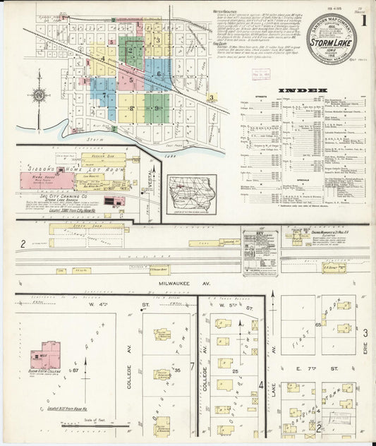 Sanborn Fire Insurance Map from Storm Lake, Buena Vista County, Iowa (1914), Sheet #0001 - Historic Sanborn Fire Insurance Map Print, vintage old map wall art