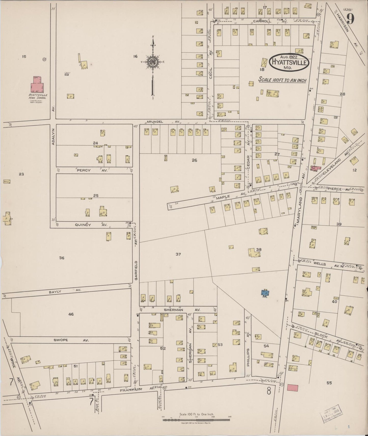 Sanborn Fire Insurance Map from Hyattsville, Prince Georges County, Maryland (1922), Sheet #0009 - Historic Sanborn Fire Insurance Map Print, vintage old map wall art