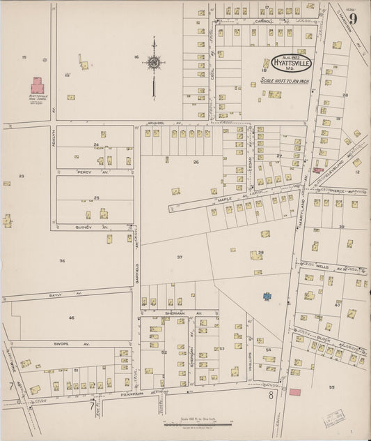 Sanborn Fire Insurance Map from Hyattsville, Prince Georges County, Maryland (1922), Sheet #0009 - Historic Sanborn Fire Insurance Map Print, vintage old map wall art