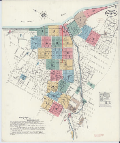 Sanborn Fire Insurance Map from Hannibal, Marion County, Missouri (1899), Sheet #0001 - Complete Map Set gallery image, historic Sanborn map, vintage wall art, Missouri Missouri