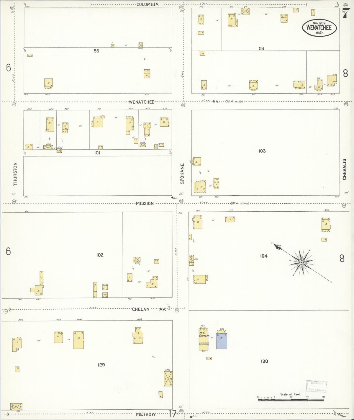 Sanborn Fire Insurance Map from Wenatchee, Chelan County, Washington (1909), Sheet #0007 - Historic Sanborn Fire Insurance Map Print, vintage old map wall art, antique decor, genealogy gift, Washington Washington map