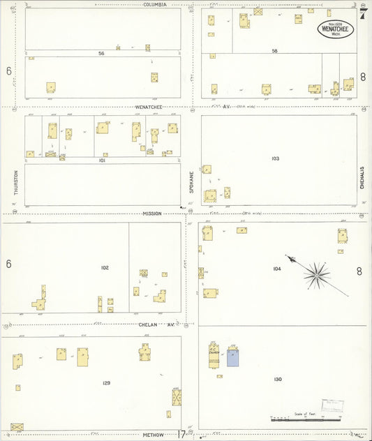 Sanborn Fire Insurance Map from Wenatchee, Chelan County, Washington (1909), Sheet #0007 - Historic Sanborn Fire Insurance Map Print, vintage old map wall art, antique decor, genealogy gift, Washington Washington map