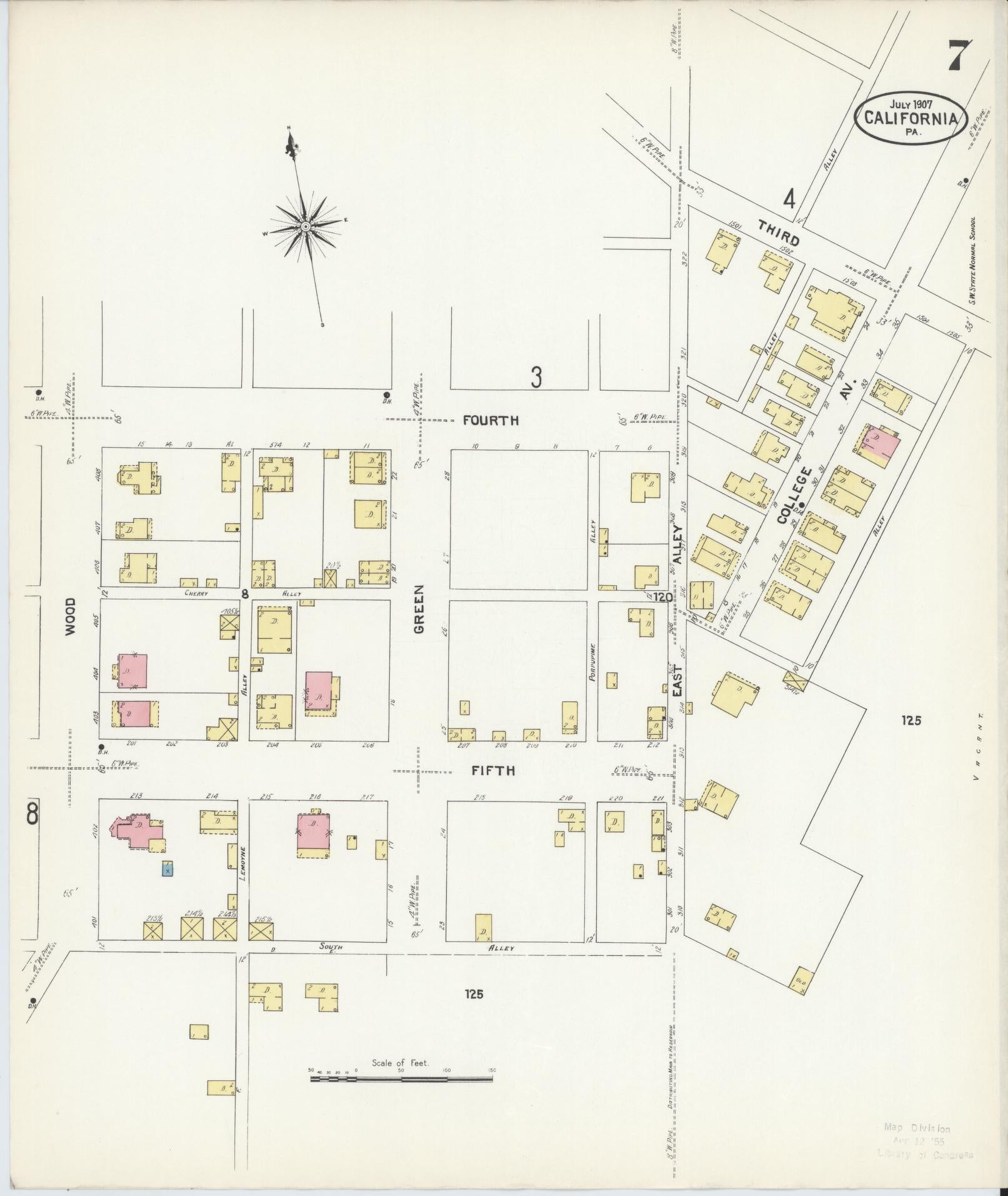 Sanborn Fire Insurance Map from California, Washington County, Pennsylvania (1907), Sheet #0007 - Historic Sanborn Fire Insurance Map Print, vintage old map wall art, antique decor, genealogy gift, Pennsylvania Pennsylvania map