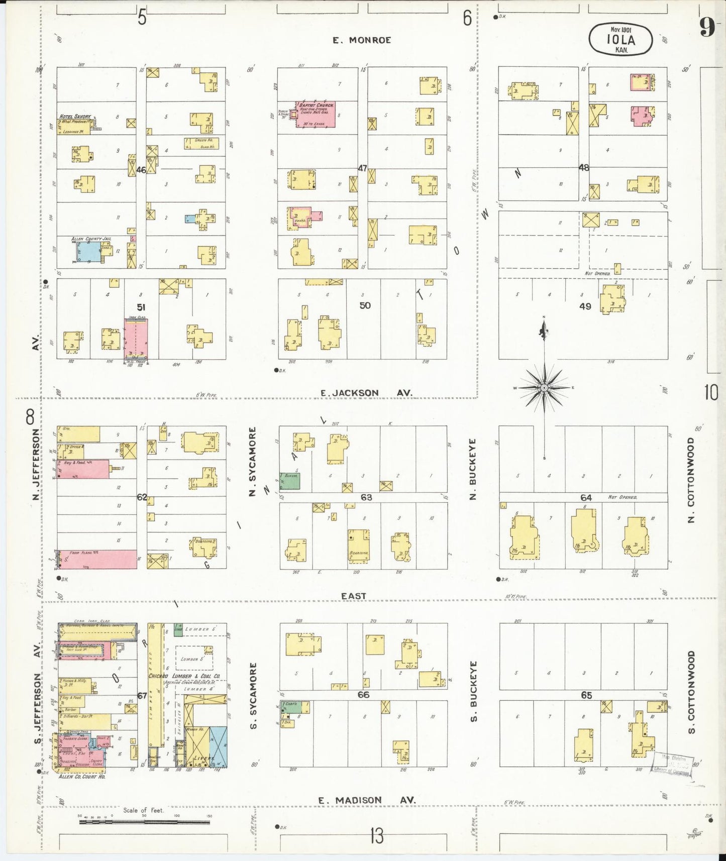 Sanborn Fire Insurance Map from Iola, Allen County, Kansas (1901), Sheet #0009 - Complete Map Set gallery image, historic Sanborn map, vintage wall art, Kansas Kansas